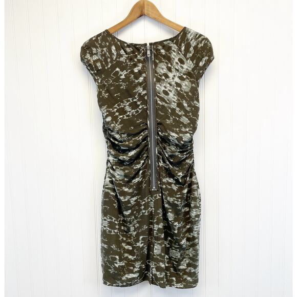 Andrew Marc Womens 8 Silk Shift Dress Mottled Olive Green Square Neckline Zipper - Picture 3 of 16